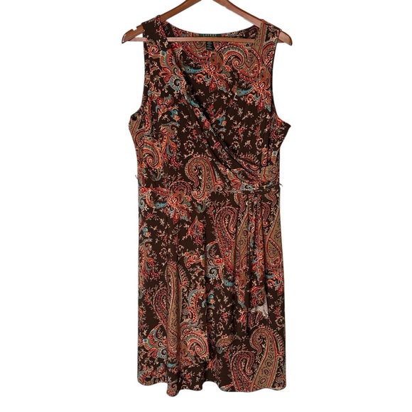 Lauren Ralph Lauren Sleeveless Paisley Faux Wrap Dress Size XL Jersey Stretch - Picture 6 of 13